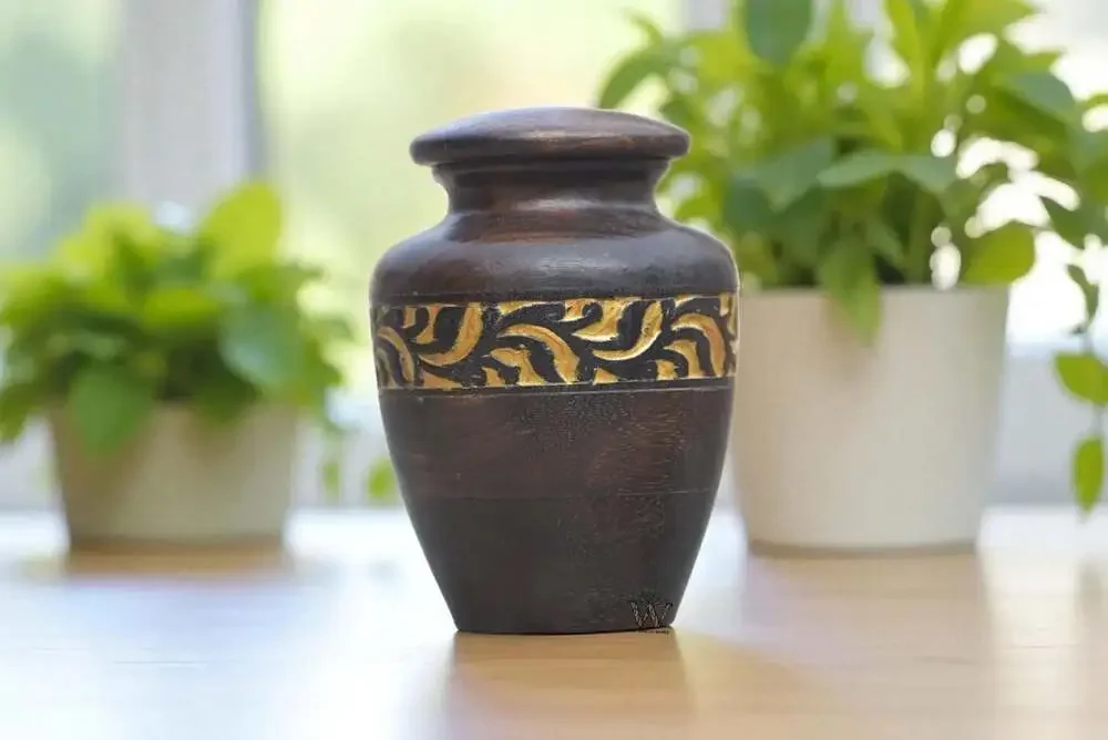 Handmade Sheesham Wood Cremation Keepsake Urn with Golden Leaf Inlay